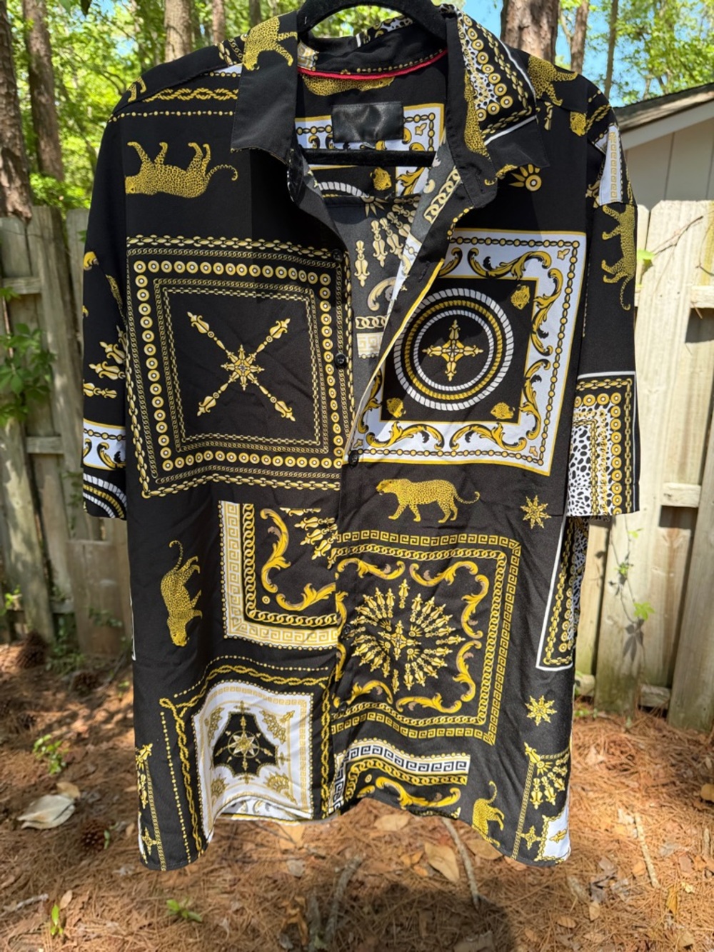 Black & Gold Baroque Gold Patchwork Button-Up Shirt